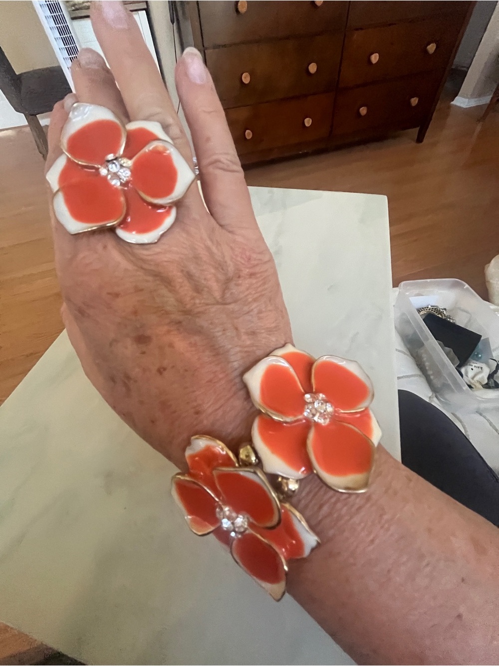 Vintage lot of bracelet & ring floral enamel orange crystal centers 3”